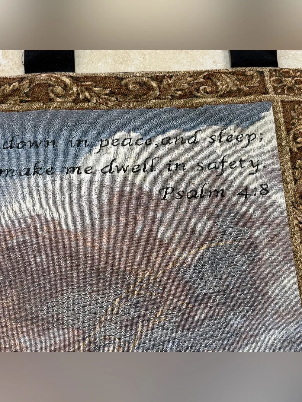 N. Glaxier Lion and Lamb Tapestry Wall Hanging Psalms 4:8 Christian 36x26